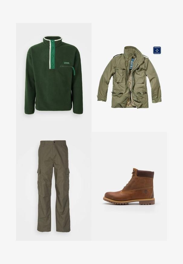Chaqueta verde oliva repelente al agua con cierre frontal de cremallera, múltiples bolsillos de parche, cuello alzado y puños ajustables. El forro interior es de color marrón claro.; Polaire verde con cuello alto, que presenta una cremallera blanca en contraste, botones a presión y un bolsillo en el pecho con cremallera. Tejido texturizado.; Pantalones cargo en color oliva con corte recto, fabricados en tejido texturizado. Presentan grandes bolsillos laterales y un cierre de botón.; Botas de senderismo de cuero marrón con un acabado suave, tobillo acolchado, ojales de metal y suela de goma con un patrón de tracción robusto.