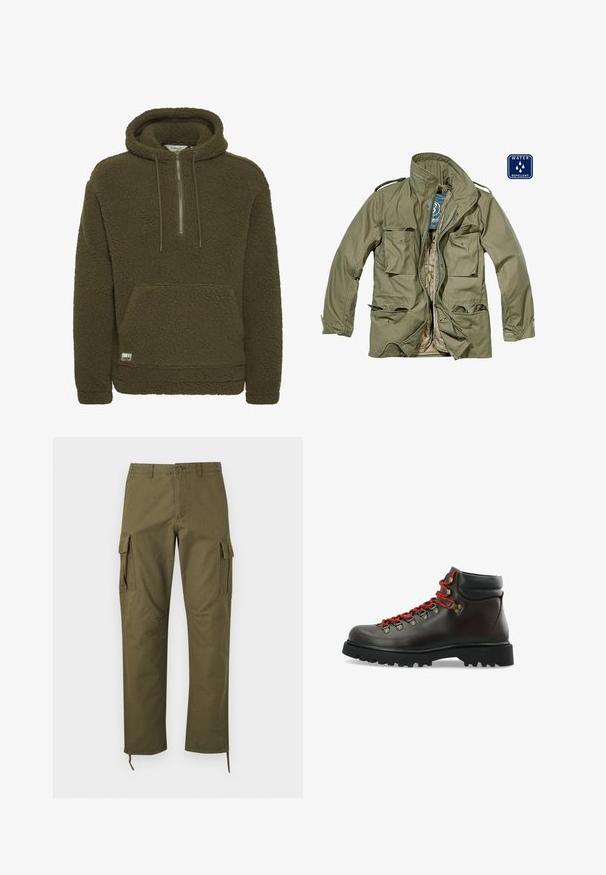 Veste olive verte déperlant avec fermeture éclair, plusieurs poches à rabat, col montant et poignets ajustables. Doublure intérieure beige.; Sweat à capuche en polaire sherpa marron avec poche kangourou, demi-zip devant, capuche réglable avec cordon et petite étiquette de marque près de l'ourlet.; Pantalon cargo vert olive avec poches latérales à rabat, fermeture à boutons sur le devant, passants de ceinture et cordons réglables aux ourlets.; Botte de randonnée en cuir marron foncé avec lacets rouges, œillets métalliques, col noir rembourré et semelle noire épaisse et robuste.