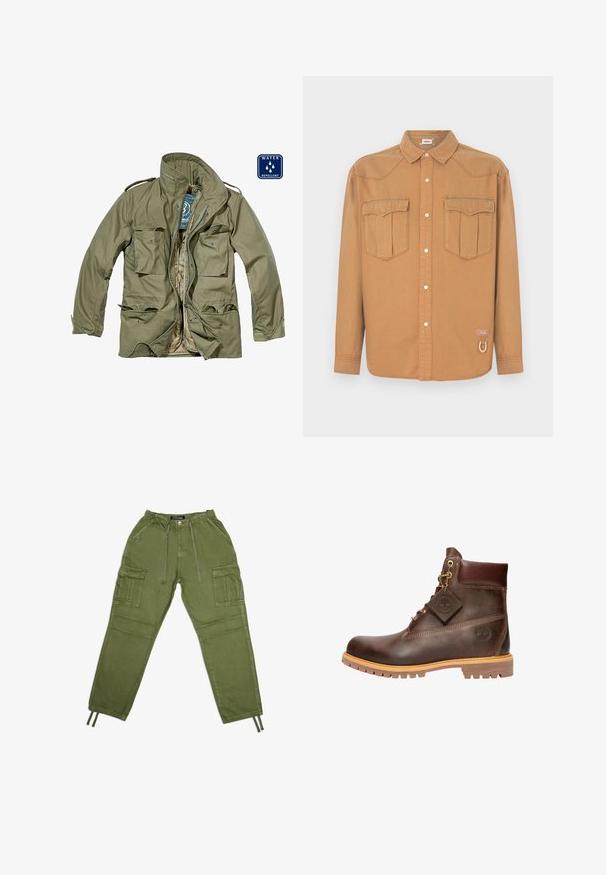 Veste olive verte déperlant avec fermeture éclair, plusieurs poches à rabat, col montant et poignets ajustables. Doublure intérieure beige.; Chemise en denim marron avec deux poches poitrine, col pointu, devant boutonné et coutures contrastées. Présente un patch logo et un détail boucle.; Pantalons cargo vert olive en tissu léger, dotés d'une taille élastique, de cordons de serrage et de plusieurs poches latérales.; Bottine en cuir marron avec un bout rond, une semelle robuste, des éléments en doré et un dessus texturé. Comprend une étiquette de logo attachée.