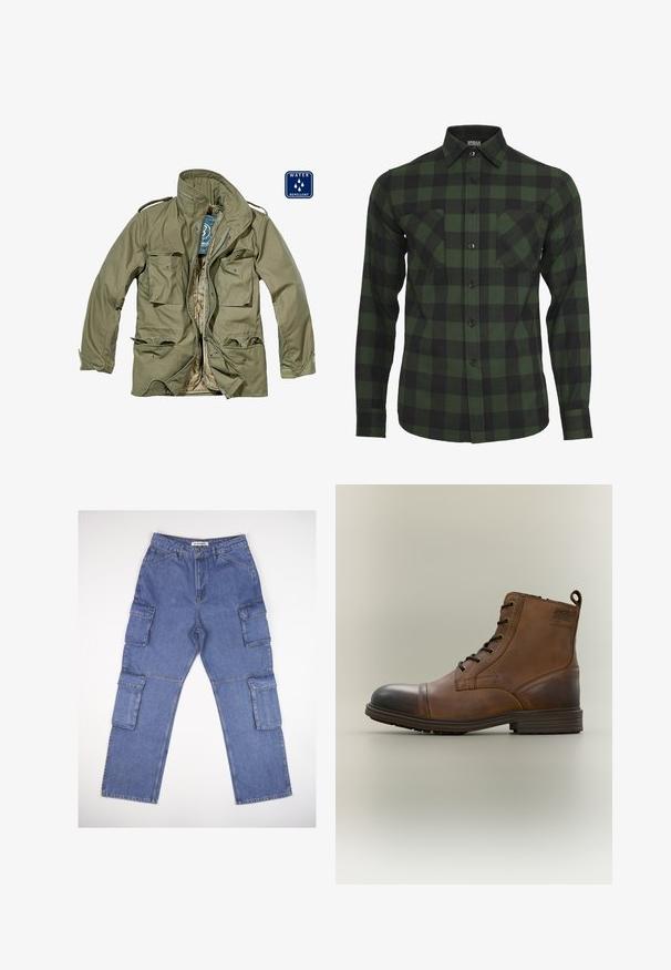 Wasserabweisende olivgrüne Jacke mit Reißverschluss, mehreren aufgesetzten Taschen, Stehkragen und verstellbaren Bündchen. Innenfutter ist beige.; Grün-schwarz kariertes Flanellhemd mit langen Ärmeln, Knopfleiste, zwei Brusttaschen und klassischem Kragen.; Blaue Denim-Cargo-Hosen mit mehreren Seitentaschen, einem geraden Beindesign und einem klassischen Bund. Der Stoff hat eine leicht strukturierte Textur und ist leicht ausgebleicht.; Brauner Leder-Schnürstiefel bis zum Knöchel mit schwarzer Zehenkappe, runder Sohle und Markenlabel an der Seite vor schlichtem Hintergrund.