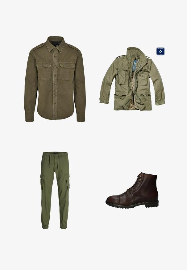 Chaqueta verde oliva repelente al agua con cierre frontal de cremallera, múltiples bolsillos de parche, cuello alzado y puños ajustables. El forro interior es de color marrón claro.; Camisa verde oliva de botones hecha de algodón. Cuenta con un cuello, dos bolsillos en el pecho con solapas y hombros estructurados con costuras visibles.; Pantalones cargo verde oliva con cinturilla elástica, cordón, dos grandes bolsillos laterales y puños ajustados. Fabricados con un tejido duradero.; Bota de tobillo de cuero marrón oscuro con cordones, suela de goma resistente y ojales de metal, vista desde el lado exterior.