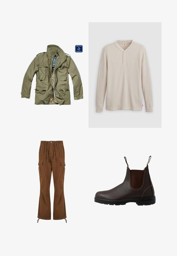 Chaqueta verde oliva repelente al agua con cierre frontal de cremallera, múltiples bolsillos de parche, cuello alzado y puños ajustables. El forro interior es de color marrón claro.; Camisa tipo henley de manga larga en tejido acanalado color beige claro, con escote en V,tapeta de tres botones, y mangas con puños. Etiqueta de logo roja en el dobladillo.; Pantalones cargo marrones con cintura elástica, detalles de cordón, dos bolsillos laterales y piernas más anchas con dobladillos ajustables.; Bota Chelsea de cuero marrón con panel elástico lateral, costuras marrones, tiradores y suela de goma resistente con un patrón texturizado.
