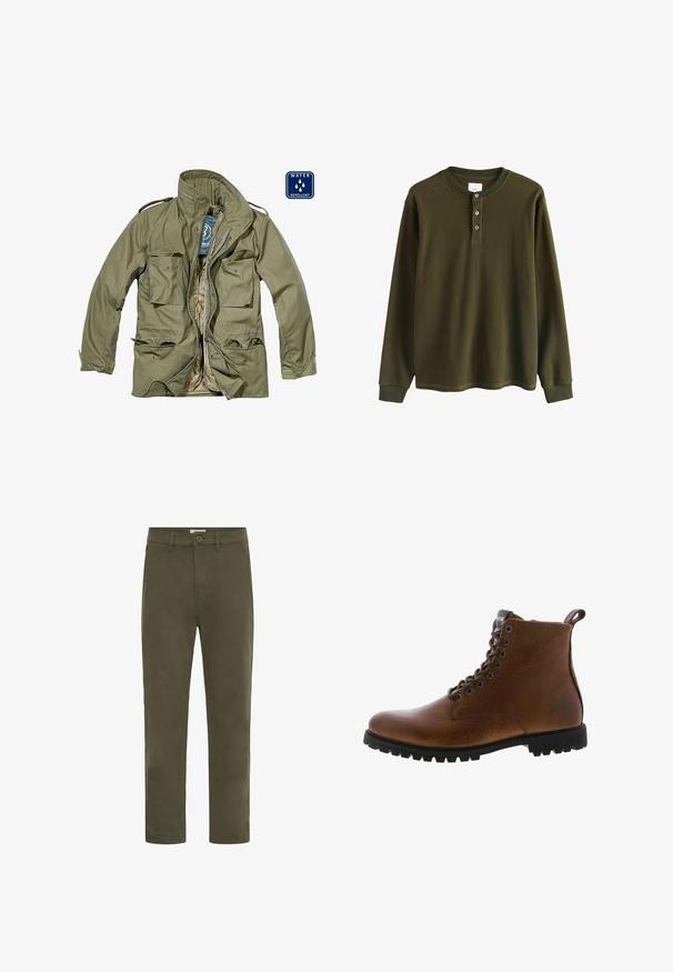 Vandafvisende olivengrøn jakke med lynlås foran, flere påsatte lommer, standkrave og justerbare manchetter. Indersiden er tan.; Langærmet olivengrøn waffle knit henley skjorte med ribbede manchetter og tre knapper ved kraven.; Herregrønne casual bukser med lige ben, knaplukning og bæltestropper, designet til hverdagsbrug.; Brune læder ankelstøvler med tekstureret overflade, metaløjer og sort gummisål. Har en træktab bagpå for nem påtagning.