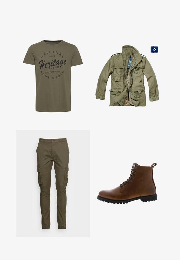 Chaqueta verde oliva repelente al agua con cierre frontal de cremallera, múltiples bolsillos de parche, cuello alzado y puños ajustables. El forro interior es de color marrón claro.; Camiseta de algodón verde oliva con cuello redondo, que presenta texto impreso en negro: "Original No. 1 Heritage Blend Claim Your Rights" en un diseño circular.; Pantalones cargo color verde oliva hechos de algodón, con bolsillos laterales, un ajuste slim y dobladillos ajustados. Parte delantera plana con cierre de botón.; Botas de cuero marrón hasta el tobillo con acabado texturizado, ojales de metal y suela de goma negra con protuberancias. Presenta una lengüeta en la parte posterior para facilitar su uso.