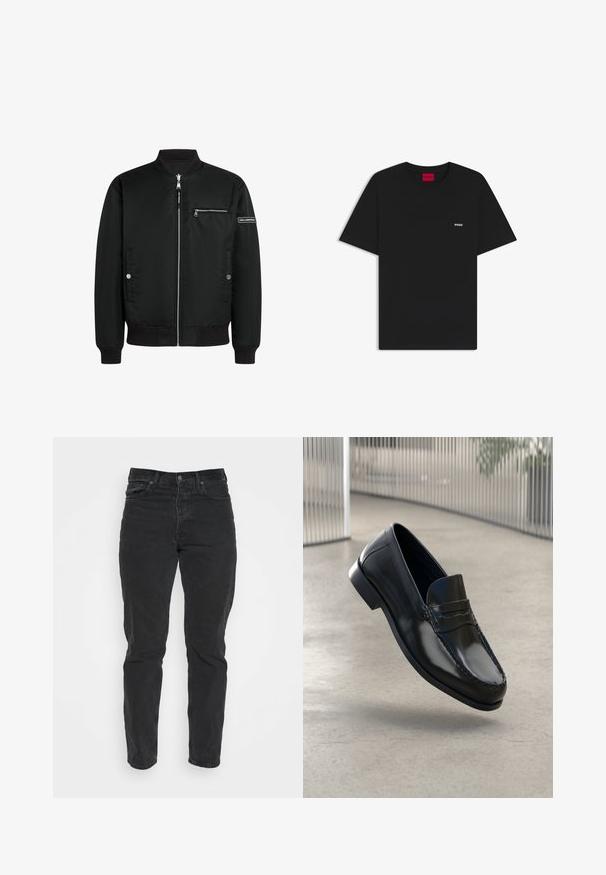 Sort bomberjakke med lynlåsåbning, ribbet krave og manchetter, sidelommer og en lille lynlåslomme på brystet. Glat stof med mat finish.; Sort T-shirt med korte ærmer og et lille hvidt "HUGO"-logo på venstre bryst samt en rød "HUGO"-mærkat inde i kraven.; Sorte denimjeans med lige pasform, fem lommer, frontlukning med knap og kontrastsyninger. Glat tekstur med let slid synligt.; Sorte læder loafers med en glat finish, rundet tå, dekorative syninger og en let forhøjet ydersål.