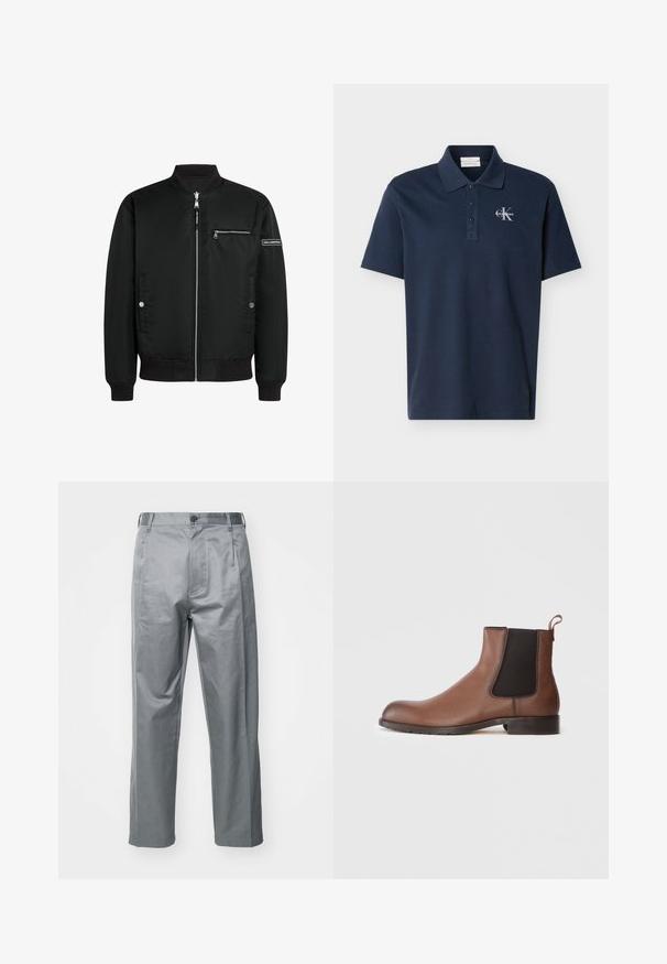 Chaqueta bomber negra con cierre frontal, cuello y puños acanalados, bolsillos laterales y un pequeño bolsillo en el pecho con cremallera. Tejido suave con un acabado mate.; Polo de manga corta azul marino con tres botones y logo blanco de Calvin Klein en el pecho izquierdo.; Pantalones de algodón gris con un diseño de pierna recta, que cuentan con un cierre de botón en la parte delantera, presillas para el cinturón y bolsillos laterales.; Botín Chelsea de cuero marrón con un acabado texturizado, paneles laterales elásticos y una lengüeta. Presenta una suela de goma para proporcionar tracción.