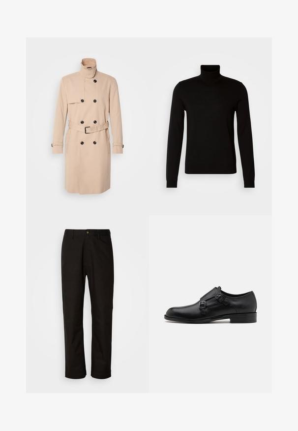 Beiger Trenchcoat mit hohem Kragen, doppelreihigem Design, schwarzen Knöpfen und einem Gürtel in der Taille. Glattes Material mit langen Ärmeln.; Schwarzer Rollkragenpullover aus feiner Strickware, mit langen Ärmeln und taillierter Silhouette. Glatte Textur mit gerippten Bündchen.; Schwarze Baumwollhosen mit geradem Schnitt, Gürtelschlaufen, einem Reißverschluss vorne und einem einzelnen Knopfverschluss. Glatte Textur ohne sichtbare Muster.; Schwarze Leder- Schnürschuhe mit doppelten Schnallen, schlanker Silhouette und runder Zehenpartie. Sie verfügen über einen niedrigen Absatz und eine glatte Textur.