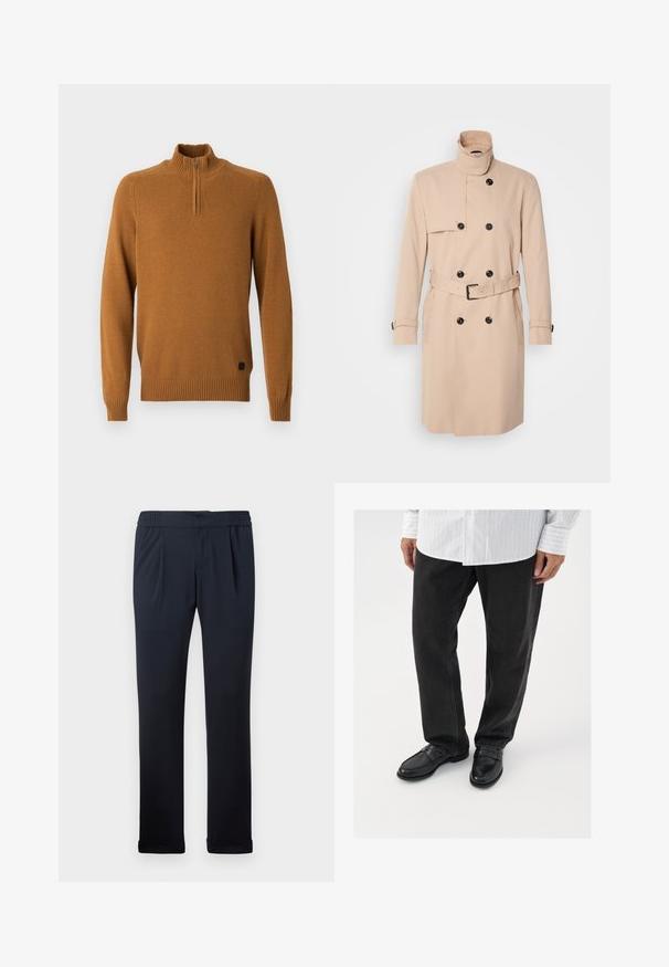 Beige trenchcoat met hoge kraag, dubbele knoopsluiting, zwarte knopen en een ceintuur in de taille. Glad materiaal met lange mouwen.; Bronskleurige pullovertrui met een hoge hals en een kwartrits. Gemaakt van een gestructureerde breiselstof. Geribde manchetten en onderrand. Logo op de onderkant.; Marineblauwe broek gemaakt van zachte stof, met een elastische tailleband, plooien aan de voorkant en cuffs aan de onderkant. Glad oppervlak, minimalistisch ontwerp.; Zwarte denim broek gecombineerd met glanzende zwarte instappers. Het shirt is wit met dunne verticale strepen, heeft lange mouwen en een geknoopte kraag.