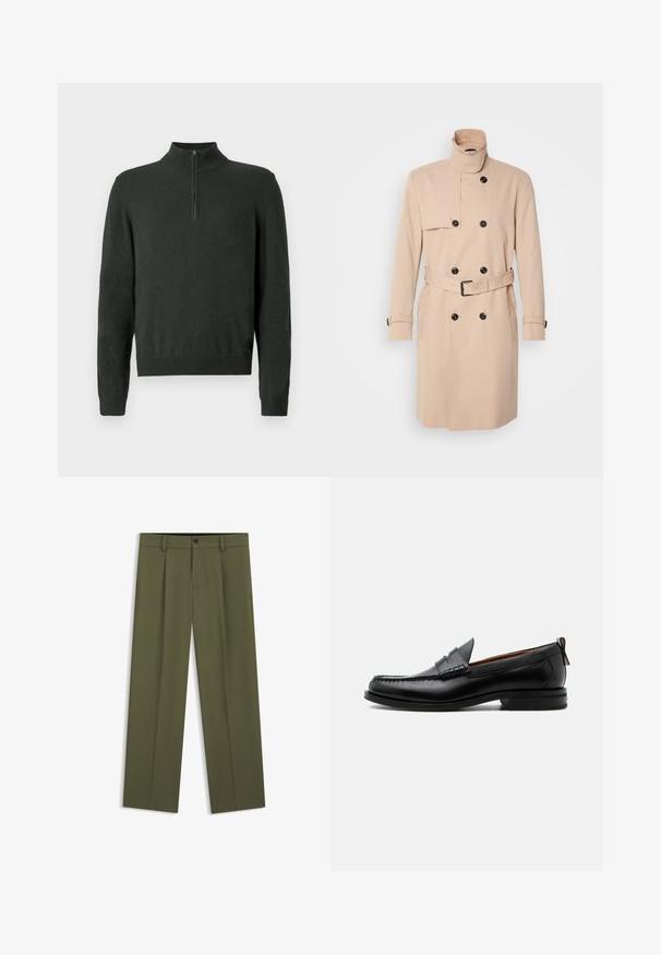 Beiger Trenchcoat mit hohem Kragen, doppelreihigem Design, schwarzen Knöpfen und einem Gürtel in der Taille. Glattes Material mit langen Ärmeln.; Dunkelgrüner Langarm-Pullover mit halbem Reißverschlusskragen sowie gerippten Bündchen und Saum auf einem schlichten Hintergrund.; Olivgrüne Hose mit geradem Bein, Gürtelschlaufen, einem vorderen Knopf und Reißverschluss, flach auf weißem Hintergrund präsentiert.; Schwarzer Leder-Herrenschuh mit Mokassinnaht, Penny-Riemen, strukturiertem Kragen und niedrigem gestapeltem Absatz auf weißem Hintergrund.