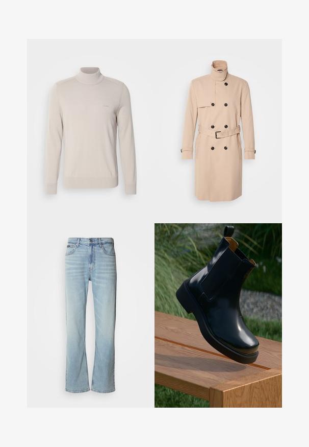 Beige trenchcoat med høj krave, dobbeltkrøs design, sorte knapper og bælte i taljen. Glat stof med lange ærmer.; Lys beige turtleneck sweater lavet af blødt stof. Har ribbede manchetter og kant, med et diskret logo på brystet. Klassisk design.; Lyseblå denimjeans med lige ben, der har fem lommer, knaplukning og en subtil falmning på stoffet.; Sorte læder chelsea støvle med glat finish, elastiske sidepaneler, rund tå og tyk gummisål, placeret ovenfor en træoverflade.