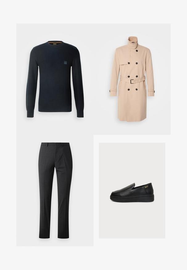 Beige trenchcoat med høj krave, dobbeltkrøs design, sorte knapper og bælte i taljen. Glat stof med lange ærmer.; Strikket navyblå sweater med lange ærmer, rund halsudskæring, tekstureret stof og et lille logo-patch på brystet.; Skræddersyede mørkegrå bukser med en glat tekstur, slim fit, flad front og standard talje. Har pressede folder og ingen synlige mønstre.; Sort læder slip-on platform sko med tyk sål og lille gyldent "HUGO" logo nær hælen på en ensfarvet lys baggrund.