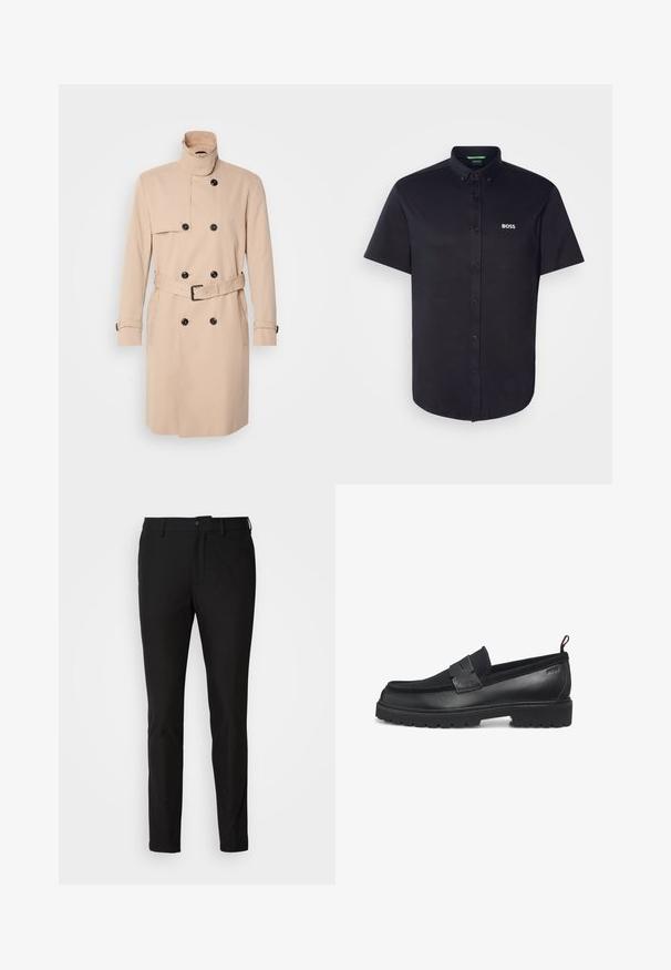 Gabardina beige con cuello alto, diseño de doble botonadura, botones negros y cinturón en la cintura. Tela suave con mangas largas.; Camisa negra de manga corta con botones, hecha de algodón, con cuello clásico, corte regular y un logo blanco "BOSS" bordado en el pecho.; Pantalones negros de corte ajustado, con cierre de botón, cremallera y dos bolsillos frontales. Tejido suave con un acabado mate.; Mocasines negros con cuerpo de cuero liso, suela de goma y detalles texturizados en la parte superior. Presentan un ribete cosido y diseño sin cordones.
