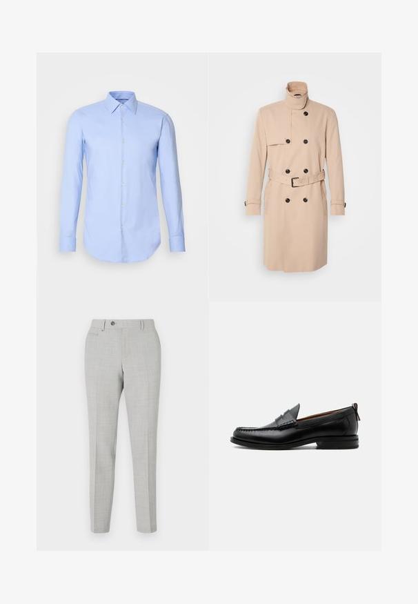 Manteau trench beige avec un col haut, une conception à double boutonnage, des boutons noirs et une taille ceinturée. Tissu lisse avec des manches longues.; Chemise à manches longues bleu clair en coton, dotée d'un devant à boutons, d'un col et d'un ourlet arrondi. Texture lisse sans motifs.; Pantalon gris ajusté avec un motif à carreaux subtil, fabriqué en tissu léger. Dispose d'une fermeture à bouton et de poches latérales. Silhouette ajustée.; Mocassin homme en cuir noir avec couture moc toe, bride penny, col texturé et petit talon empilé sur fond blanc.