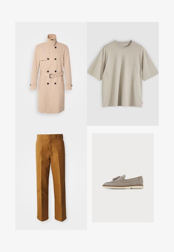 Gabardina beige con cuello alto, diseño de doble botonadura, botones negros y cinturón en la cintura. Tela suave con mangas largas.; Camiseta de algodón beige de manga corta y oversize, con cuello redondo y un sutil logo en relieve en el pecho, mostrada sobre un fondo neutro.; Pantalones tailored marrones con una textura suave, que presentan un diseño de pierna recta, pinzas en la parte delantera y una cinturilla estándar.; Mocasín de ante marrón claro con borlas, suela baja beige y logotipo "BOSS" en la zona del talón, mostrado en perfil lateral sobre fondo blanco.