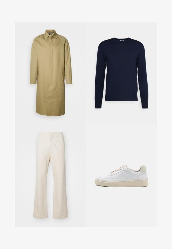Beige trenchcoat lavet af glat stof, med spids krave, lange ærmer og sidelommer. Enkel, lige snit design uden udsmykninger.; Marineblå striktrøje med rund halsudskæring og lange ærmer. Har ribbede manchetter og kant, lavet af blødt, let materiale.; Beige bomuldsbukser med lige pasform, der har en lynlås og knaplukning foran, glat tekstur og minimalistisk stil.; Hvide sneakers med en glat læderoverdel, beige snørebånd og en tekstureret beige ruskindsheel-tab. Hævet sål for ekstra højde.