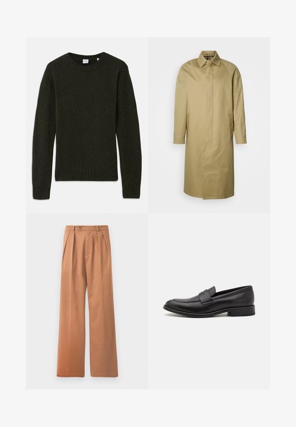 Beige trenchcoat lavet af glat stof, med spids krave, lange ærmer og sidelommer. Enkel, lige snit design uden udsmykninger.; Mørkegrøn strikket sweater med rund halsudskæring, ribbedeærmer og kant. Blød tekstur, lange ærmer og enkelt design uden mønstre.; Tan brede bukser med flad front, folder og en enkelt knaplukning i taljen. Glat tekstur og fuldlængde design.; Sort læderloafer med en glat finish, en dekorativ rem over vristen, rund tå og en lav stablet hæl.