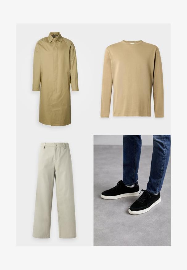 Trench coat beige de tela suave, con cuello puntiagudo, mangas largas y bolsillos laterales. Diseño sencillo y recto sin adornos.; Camiseta beige de manga larga con cuello redondo y un diseño simple y liso sobre un fondo gris claro.; Han Kjøbenhavn WIDE LEG - Pantalones - light grey; Zapatillas de ante negras con suela de goma blanca, que presentan un diseño clásico de corte bajo, puntera redondeada y cordones planos negros.