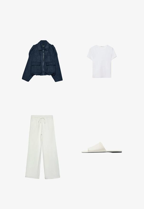 Veste courte en daim bleu marine avec fermeture éclair à l'avant, col pointu et deux poches avant. Présente des accents aux épaules et une finition texturée.; T-shirt blanc à manches courtes en tissu doux. Dispose d'un col rond et d'un design simple et épuré avec un ourlet droit.; Pantalons larges blancs en tissu doux. Dotés d'une taille élastique avec cordon de serrage et d'une texture lisse. Aucuns motifs visibles ni éléments en métal.; Sandale blanche à enfiler avec une large bride unique et une semelle plate, vue de côté sur fond blanc.