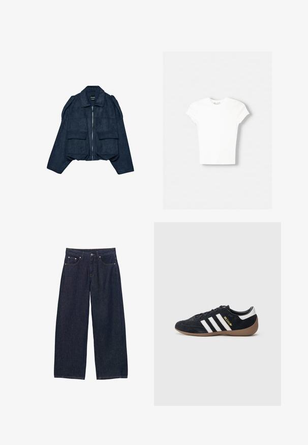 Veste courte en daim bleu marine avec fermeture éclair à l'avant, col pointu et deux poches avant. Présente des accents aux épaules et une finition texturée.; T-shirt blanc à manches courtes en coton doux, avec un col rond et une coupe ajustée. Pas de motifs ni d'ornements visibles.; Jean en denim bleu foncé à jambes larges avec poches avant, passants pour ceinture et fermeture par bouton à la taille.; Baskets en daim noir avec trois bandes blanches, semelle en caoutchouc beige, et un petit logo doré sur le côté. Dotées d'une doublure intérieure noire lisse.