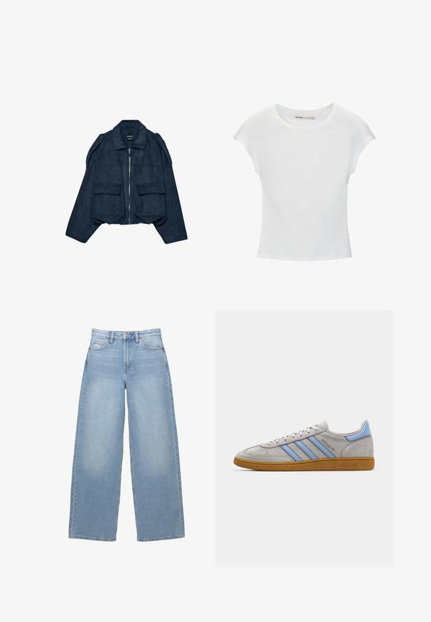 Marineblaue, kurz geschnittene Wildlederjacke mit Reißverschluss vorne, spitzem Kragen und zwei Fronttaschen. Verfügt über Schulterakzente und eine strukturierte Oberfläche.; Weißes Baumwoll-T-Shirt mit kurzen, aufgerollten Ärmeln, rundem Ausschnitt und geradem Saum. Glatte Textur ohne sichtbare Muster oder Akzente.; Helle blaue, weit geschnittene Jeans aus Denim. Besitzt eine hohe Taille, Taschen vorne und einen Knopfverschluss. Angenehme Textur mit dezenter Ausbleichung.; Grau Wildleder Sneaker mit hellblauen Streifen, gummiertem Sohlenmaterial und Logo-Akzenten. Niedriges Design mit runder Zehenform und Schnürverschluss.