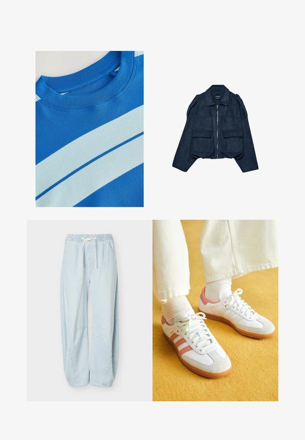 Marineblaue, kurz geschnittene Wildlederjacke mit Reißverschluss vorne, spitzem Kragen und zwei Fronttaschen. Verfügt über Schulterakzente und eine strukturierte Oberfläche.; Blaues Sweatshirt mit geripptem Rundhalsausschnitt, ausgestattet mit horizontalen hellblauen Streifen und einer glatten Textur. Sauberes Design, weiches Material.; Hellblaue und weiße, vertikal gestreifte, lockere Hose mit elastischem Bund und weißem Kordelzug, mit Seitentaschen.; Weiße Sportschuhe mit pinken Akzenten, aus Wildleder und Leder, runde Zehenform und Gummisohle, dargestellt mit hellen Socken vor einem gelben Hintergrund.