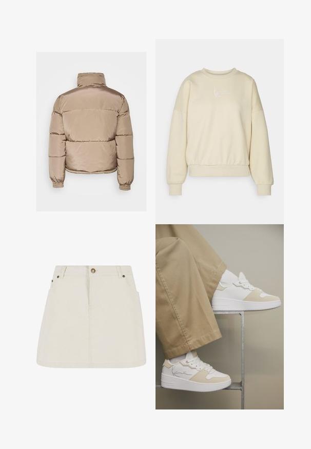 Pufferjack in lichtbeige satijnen afwerking, met een hoge kraag, elastische manchetten en gestikte delen voor isolatie. Glad textuur.; Beige sweatshirt met een ronde hals, verlaagde schouders en elastische tailleband. Heeft geborduurde witte tekst op de borst. Zachte stoffen textuur.; Leren denim minirok in lichtbeige, met een hoge taille, twee voorzakken en bronzen knoopaccenten. Gladde textuur en eenvoudig ontwerp.; Witte sneakers met beige accenten gedragen met beige broek, voeten rustend op een minimalistisch metalen frame tegen een neutrale achtergrond.