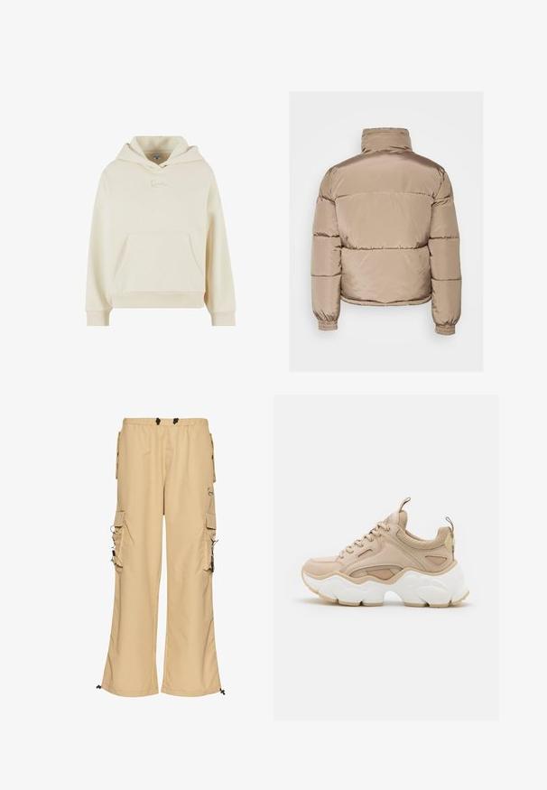 Pufferjack in lichtbeige satijnen afwerking, met een hoge kraag, elastische manchetten en gestikte delen voor isolatie. Glad textuur.; Crème hoodie gemaakt van zachte stof. Heeft een voorzak en een subtiel geborduurd logo. Relaxte pasvorm met ribbelboorden en -zoom.; Beige cargobroek met wijde pijpen, elastische tailleband, zijzakken en trekkoorddetails. Gemaakt van lichtgewicht stof met een gladde textuur.; Beige sneaker met een combinatie van gladde en gestructureerde materialen, een chunky witte zool en mesh accenten voor ademend vermogen.