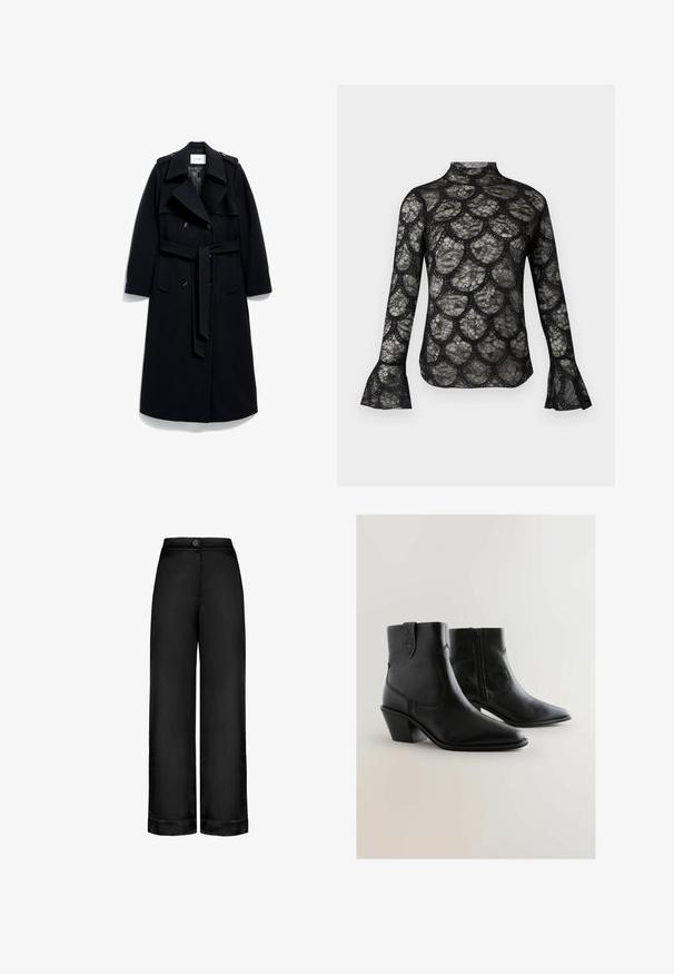 Dobbeltbrystet trench coat i mørkeblå uld, der har en bælte i taljen, store kraver og skulderepauleter. Lange ærmer med knapdetaljer.; Sort blonde top med høj krave og flagrende lange ærmer, med et bølget mønster gennem hele stoffet.; Sorte, højtaljede bukser med vidde i benene, frontlukning med knapper og opslag ved buksebenene, glat stof uden synlige lommer eller mønstre.; Sorte læderankelstøvler med spids tå, lynlås på siden og buet hæl. Har stikninger og en glat finish.