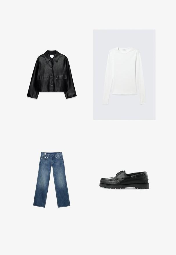 Sort cropped jakke i imiteret læder med lange ærmer, spids krave, knaplukning foran og to frontlommer med klap.; Langærmet, enkel hvid T-shirt med rund halsudskæring og tætsiddende pasform, vist mod en lysegrå baggrund.; Blå denimjeans med brede, lige ben, forlommer, bæltestropper og dobbel lukkeknap ved taljen.; Sorte læder bådsko med moccasin-design, rund tå, dekorativ syning og en tekstureret gummisål med klodser.