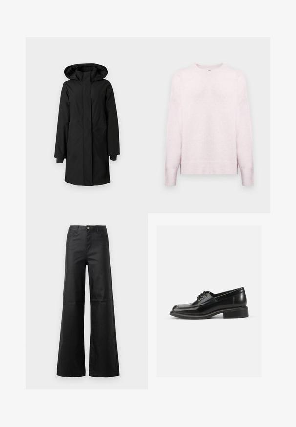 Abrigo negro impermeable con capucha. Cuenta con mangas largas, un corte holgado y bolsillos con cremallera. Textura suave y diseño minimalista.; Suéter de manga larga rosa claro con cuello redondo. Presenta puños y dobladillo acanalados, textura suave y corte relajado. Acabado de tela suave.; Jeans de pierna ancha negros, hechos de denim suave, que cuentan con cierre de botón, bolsillos frontales y un diseño de cintura alta.; Zapato de dress de cuero negro con textura suave, puntera redondeada, dos ojales para cordones y un sólido tacón cuadrado. Diseño simple sin patrones.