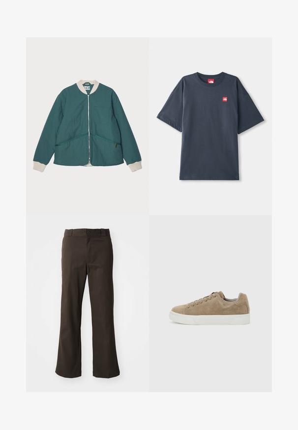 Pompeii PADDED JACKET - Kerge jope - emerald; Tumed merevaheline lühikeste varrukatega T-särk, mis on valmistatud puuvillast, vasakul rinnal punase logoga ja klassikalise ümmarguse kaelusega.; Pruunid, laienevad püksid siledast kangast, millel on ees nuppude sulgemine ja külgedel taskud. Lihtne ja sirge disain.; Beežist sametist madala lõikega tennised beežide nööride ja valge kummipõhjaga, nähtud küljelt helehallil taustal.