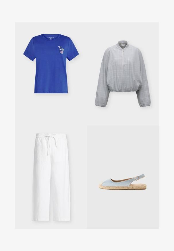 Veste bomber à carreaux gris clair avec manches longues bouffantes, poignets et ourlet élastiqués, et fermeture éclair à l'avant.; T-shirt bleu à manches courtes et col rond, avec un petit motif de cocktail et le texte "Bella Italia" sur la poitrine gauche.; Pantalon blanc à jambes larges avec taille élastique, cordon de serrage et deux grandes poches plaquées à l'avant sur fond clair.; Espadrille bleu clair avec un design à bride arrière, présentant un bout arrondi, une semelle en jute et un talon plat. Texture douce avec un minimum de détails de couture.