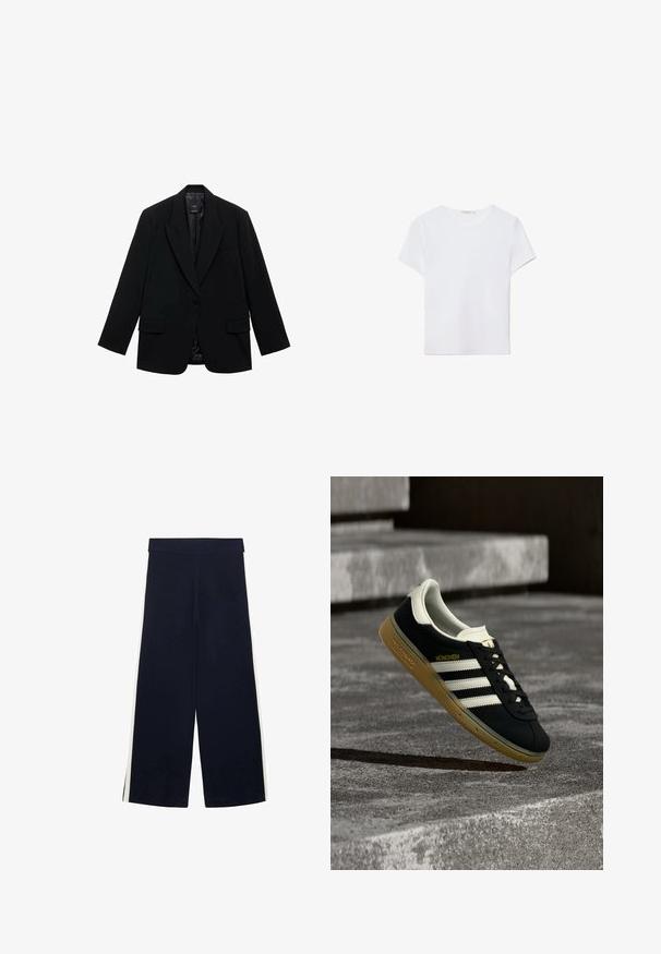 Blazer noir doté d'une fermeture à un bouton, de revers crantés, de deux poches avant et d'une doublure intérieure lisse. Conception ajustée avec manches longues.; T-shirt blanc à manches courtes en tissu doux. Dispose d'un col rond et d'un design simple et épuré avec un ourlet droit.; Pantalon large bleu marine avec taille haute et rayures blanches sur les côtés, posé à plat sur un fond blanc.; Baskets noires Adidas München avec des rayures blanches et une semelle en gomme, flottant au-dessus de marches en béton texturé.