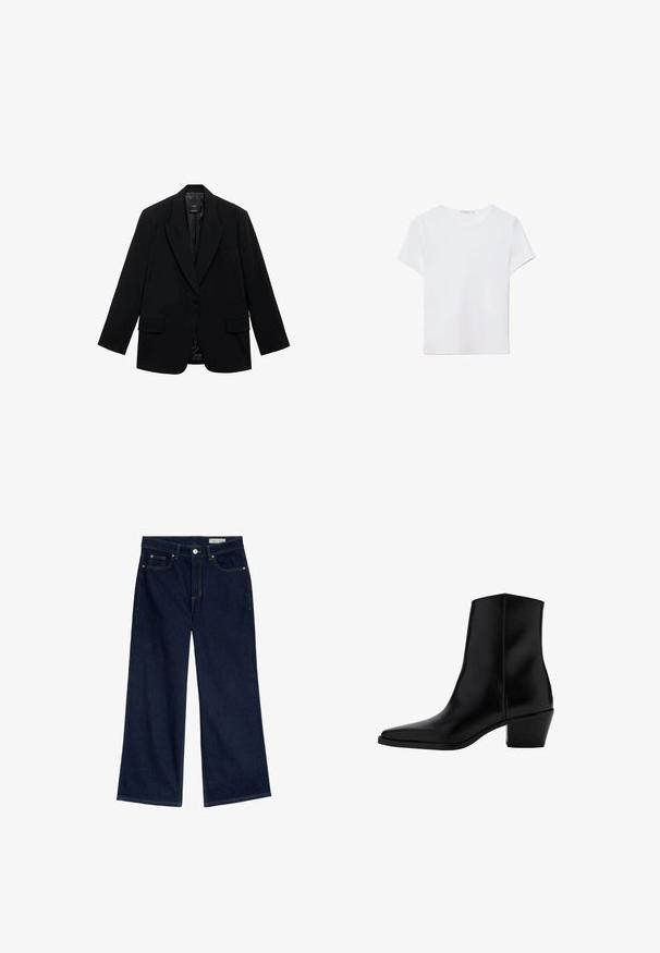 Sort blazer med enkelt knaplukning, hakkede reverser, to forlommer og en glat inderforing. Skræddersyet design med lange ærmer.; Hvid kortærmet t-shirt lavet af blødt stof. Har en rund halsudskæring og et simpelt, rent design med en lige underkant.; Bredde ben mørkeblå denimjeans med høj talje, fem-lomme design, kobber nitter og kontrasterende gul syninger.; Sort læderankelstøvle med spids tå og lav blokhæl, glat finish og sidesyningsdetalje.