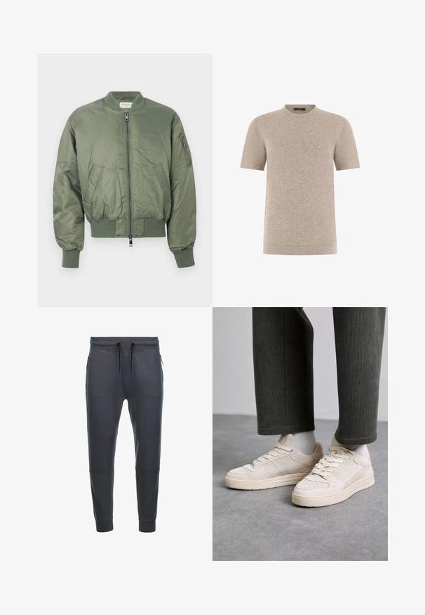 Veste bomber verte en nylon lisse, avec une fermeture éclair sur le devant, des poignets et un ourlet côtelés, deux poches avant et une poche à fermeture éclair sur la manche.; T-shirt beige à manches courtes en maille, col rond et tissu finement texturé, présenté sur un fond blanc.; Pantalons de survêtement gris foncé en tissu doux, dotés d'une taille à cordon de serrage, de deux poches latérales zippées et de panneaux décoratifs sur les jambes.; Baskets beiges en suède et mesh, avec des accents perforés, des lacets plats et une semelle épaisse. Portées avec un pantalon en velours côtelé vert.