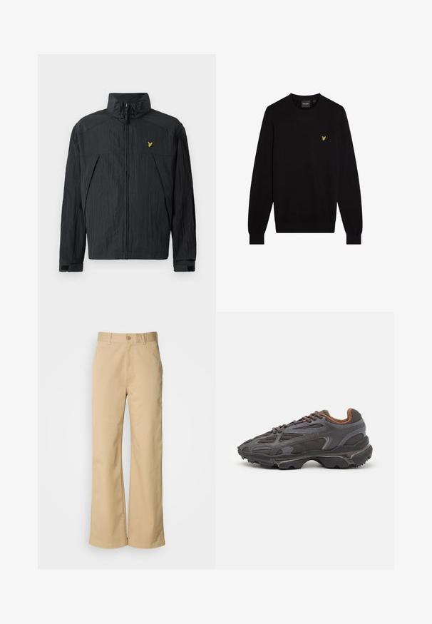 Sort let jakke med krøllet tekstur, høj krave, lynlås foran og en lille gul logodetalje på brystet.; Sort sweater lavet af blødt stof med rund halsudskæring og lange ærmer. Lille gul broderet logo på venstre bryst.; Beige, vidde bukser lavet af en bomuldsblanding. Har en knaplukning og bæltestropper. Glat tekstur med minimale syninger.; Lacoste sneakers i mørkegrå med mesh og syntetisk materiale, udstyret med en tekstureret sål og brune accenter på kraven og brandingen.