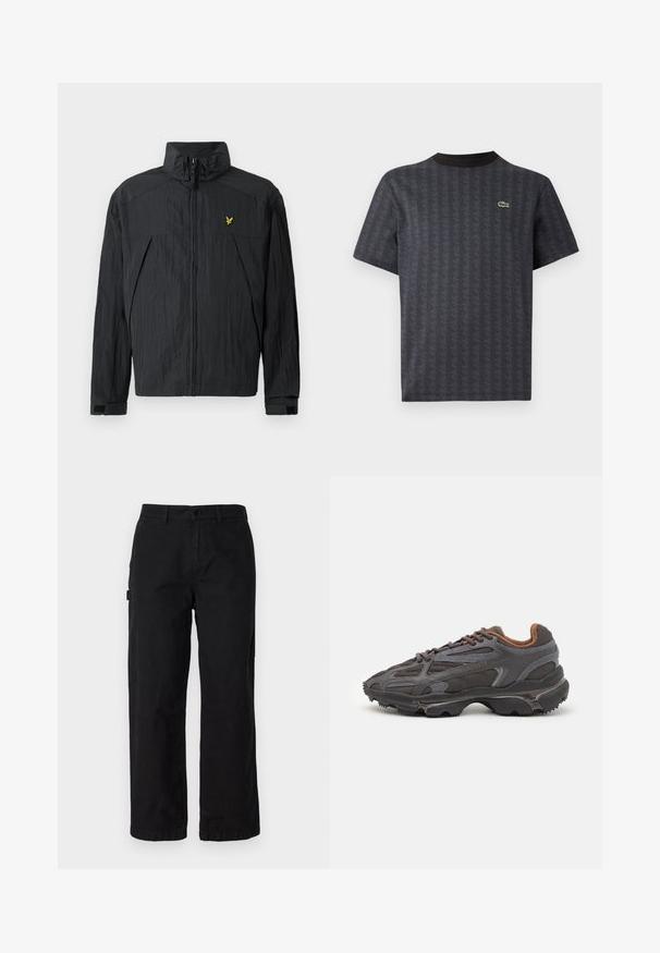 Chaqueta negra ligera con textura arrugada, cuello alto, cremallera frontal y un pequeño logo amarillo como detalle en el pecho.; Camiseta negra de manga corta con un patrón geométrico y un logo de cocodrilo verde, con un cuello redondo negro sólido.; Pantalones cargo de algodón negros con un diseño de pierna recta, que cuentan con bolsillos laterales y un cierre frontal con botón. Tela duradera con una textura suave.; Zapatillas Lacoste en gris oscuro con material de malla y sintético, que cuentan con una suela texturizada y detalles en marrón en el cuello y la marca.