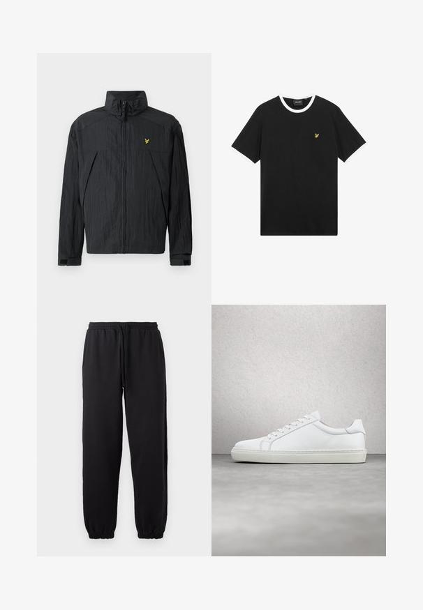 Chaqueta negra ligera con textura arrugada, cuello alto, cremallera frontal y un pequeño logo amarillo como detalle en el pecho.; Camiseta negra con cuello y bordes de las mangas en blanco, fabricada en algodón. Presenta un pequeño logo de águila bordado en amarillo en el pecho.; Pantalones jogger negros hechos de una tela suave, con cintura elástica y cordón ajustable, y dobladillos en los tobillos.; Zapatilla blanca con parte superior de cuero liso y perfil bajo. Presenta una puntera redondeada, seis ojales y una suela de goma texturizada.