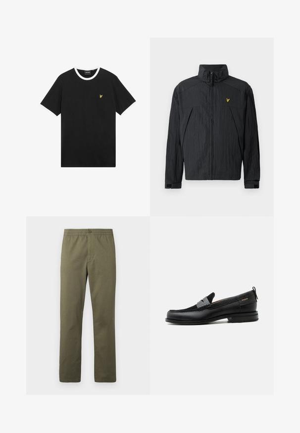 Sort let jakke med krøllet tekstur, høj krave, lynlås foran og en lille gul logodetalje på brystet.; Sort T-shirt med hvid krave og ærmekanter, lavet af bomuld. Har en lille gul broderet ørnelogo på brystet.; Lacoste Bukser - olive; Sort læderloafer med grå remdetalje, lav hæl og tekstureret sål, mærket med "HUGO" i guld på siden.