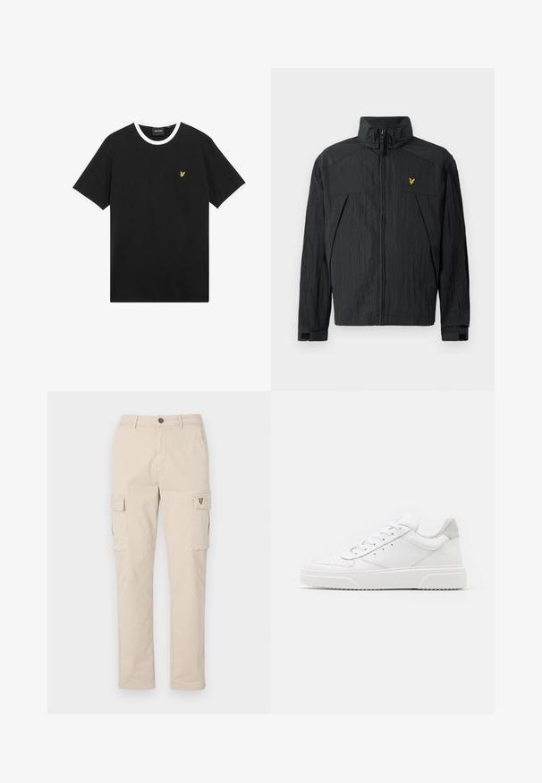 Sort let jakke med krøllet tekstur, høj krave, lynlås foran og en lille gul logodetalje på brystet.; Sort T-shirt med hvid krave og ærmekanter, lavet af bomuld. Har en lille gul broderet ørnelogo på brystet.; Beige cargobukser lavet af bomuld, med to sidelommer, en baglomme og et lille logo på siden. Lige ben-design, robust stof.; Hvide lædersneakers med en glat finish, rund tå, flade snørebånd og en struktureret sål. Grå ruskindsdetalje ved hælen.
