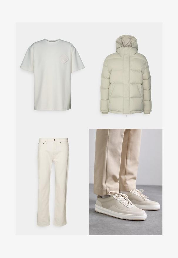 Doudoune beige clair avec un col haut et une capuche, présentant des sections matelassées, des poches avant et des poignets élastiques. Texture de tissu lisse.; T-shirt à manches courtes en coton blanc cassé, avec un patch en diamant texturé et un design en relief sur la poitrine gauche.; WOOD WOOD RIGID - Jean boyfriend - off white; Baskets beiges avec un dessus texturé, semelles blanches et accents cousus, assorties à un pantalon beige, présentées sur une surface grise.