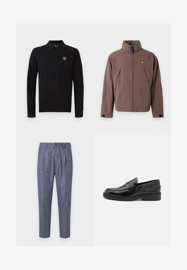 Brun lynlåstrøje lavet af struktureret stof med høj krave og et lille gult logo på venstre bryst. Inkluderer sidelommer.; Sort langærmet polo-shirt lavet af bomuld. Har en klassisk krave, tre-knaps placket og et gyldent emblem på venstre bryst.; Blå vævede bukser med skræddersyet pasform, der har frontfolder, knaplukning og en glat tekstur. Kropslængde med lige ben.; Sorte læder loafers med en glat finish, rund tå, lav hæl og dekorativ syning langs forsiden. Gummisål for godt greb.