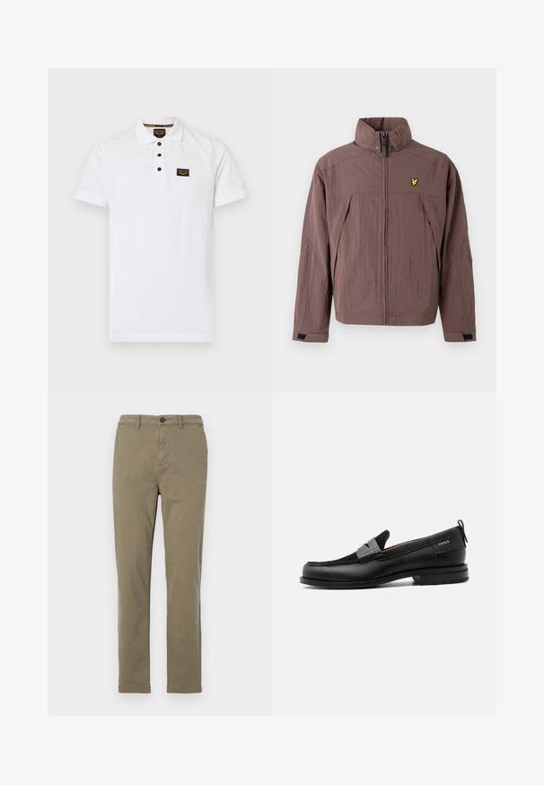 Braune Reißverschlussjacke aus strukturiertem Stoff mit hohem Kragen und kleinem gelbem Logo auf der linken Brustseite. Mit Seitentaschen ausgestattet.; Weißes Poloshirt aus strukturiertem Baumwollstoff, mit einem Drei-Knopf-Verschluss, kurzen Ärmeln und einem schwarzen Logo-Patch auf der Brust.; Olivengrüne Baumwollchinos mit geradem Bein, vorderem Knopfverschluss und seitlichen Taschen. Glatte Textur und minimale Details.; Schwarzer Lederloafer mit grauem Riemendetail, niedrigem Absatz und strukturierter Sohle, seitlich mit „HUGO“ in Gold gebrandmarkt.