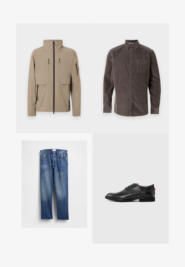 Beige Jacke mit hohem Kragen, schwarzem Frontreißverschluss, zwei vertikalen Reißverschlusstaschen auf der Brust, Reißverschlusstaschen an den Seiten und einer Reißverschlusstasche am linken Ärmel.; Braunes Cord-Hemd mit Knöpfen, Kragen, langen Ärmeln, Brusttasche und dezentem vertikal geripptem Muster. Mit Logodetail auf der Tasche.; Blaue Denim-Jeans mit geradem Bein, vorne ausgeblichen, klassischem Fünf-Taschen-Design und Metallnieten an den Taschen.; Schwarzer Herren-Lederschuh mit Schnürung und rotem Zuglasche an der Ferse vor schlichten Hintergrund.