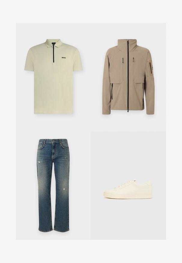 Veste beige à col montant avec fermeture éclair noire à l'avant, deux poches verticales zippées sur la poitrine, poches zippées sur les côtés et poche zippée sur la manche gauche.; Polo beige clair à manches courtes avec patte zippée et logo noir "BOSS" sur la poitrine gauche.; Jeans en denim bleu moyen avec une coupe droite, présentant des décolorations légères et des patches usés. Design classique à cinq poches et fermeture par bouton supérieur.; Baskets couleur crème avec une tige en cuir lisse, bout arrondi, laçage à l'avant et semelle en caoutchouc texturée. Design minimaliste, sans logo.