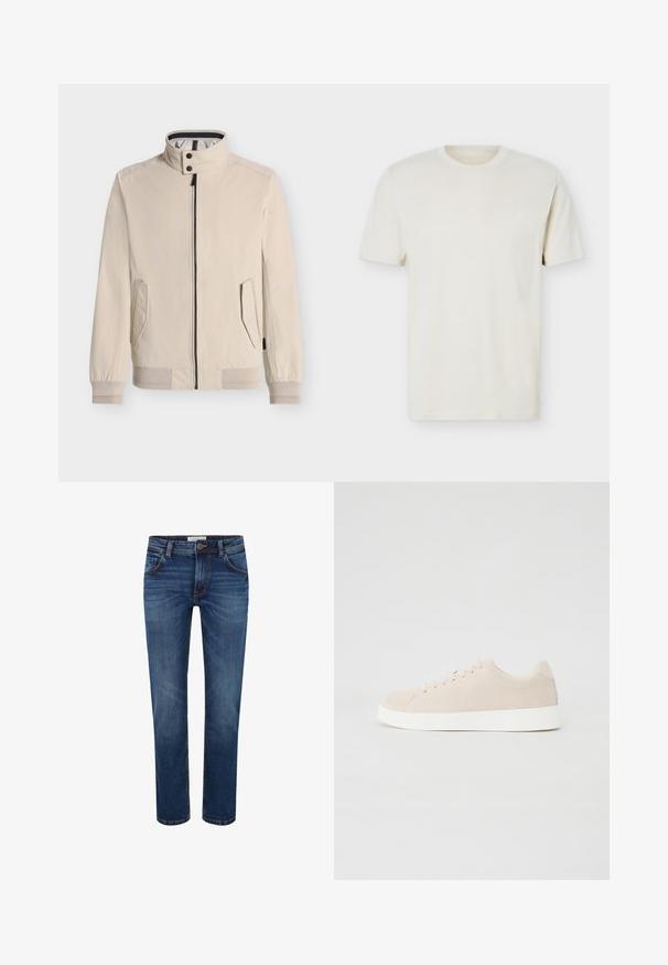 Beige jas met een hoge kraag, ritssluiting, twee zijzakken, geribbelde manchetten en zoom, met een gestreepte binnenvoering.; Effen gebroken wit T-shirt met korte mouwen en ronde hals, met subtiel logo op de linkerborst, weergegeven op een effen witte achtergrond.; Donkerblauwe jeans met een recht model, vijf-pocket stijl en contrasterende stiksels. Standaard tailleband met knoopsluiting.; Beige suède sneakers met witte rubberen zolen, ronde neus en zes veterogen. Gladde textuur met minimalistisch ontwerp.