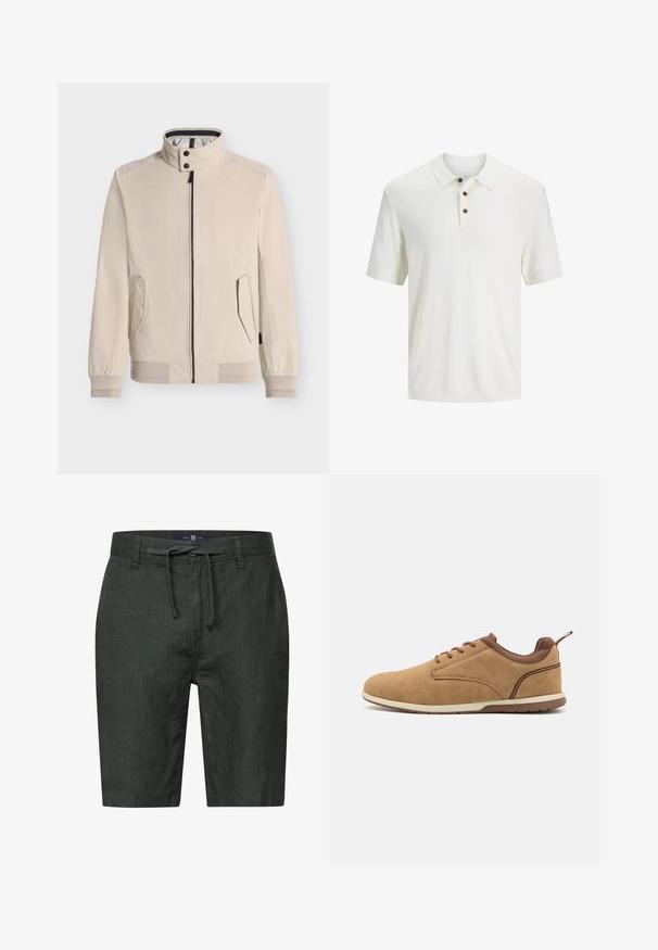 Beige jas met een hoge kraag, ritssluiting, twee zijzakken, geribbelde manchetten en zoom, met een gestreepte binnenvoering.; Witte polo gemaakt van zachte stof, met een klassieke kraag, drie bruine knopen en korte mouwen. Glad textuur.; Donkergroene linnen shorts met een trekkoord in de taille. Beschikt over zijzakken en een rechte snit. Glad materiaal met een subtiele glans.; Pier One Sportieve veterschoenen - beige