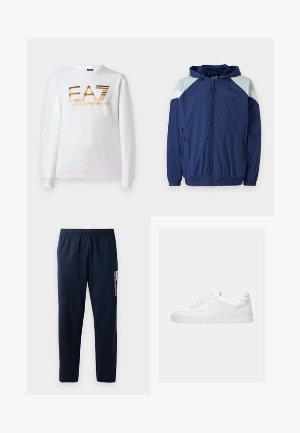 Marine windbreaker jack met lichtblauwe accenten, elastische manchetten, verstelbare capuchon en ritszakken; heeft een gestructureerd, lichtgewicht materiaal.; Witte sweatshirt van katoen met lange mouwen en een ronde halslijn. Heeft een metallic gouden logo "EA7 EMPORIO ARMANI" op de voorkant.; Marineblauwe trainingsbroek met een elastische tailleband, taps toelopende pijpen en een wit logo aan de zijkant. Gladde stof met een lichte textuur.; Witte lage sneaker met vetersluiting, glad leren bovenwerk en dikke zool, gezien vanuit de zijkant tegen een effen achtergrond.