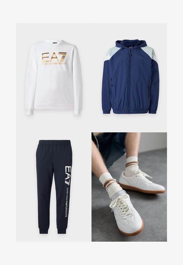 Chaqueta cortavientos de color navy con acentos en azul claro, puños elásticos, capucha ajustable y bolsillos con cremallera; presenta un material texturizado y ligero.; Sudadera blanca de algodón con mangas largas y cuello redondo. Presenta un logo metálico dorado "EA7 EMPORIO ARMANI" en la parte delantera.; Joggers de algodón azul marino con cinturilla elástica, piernas estrechas y logotipos en blanco de EA7 y Emporio Armani impresos a lo largo del costado.; Zapatillas de cuero blanco con una textura suave, detalles en gamuza gris, suelas de goma beige y cordones planos. Combinadas con calcetines a rayas en tonos crema y marrón.