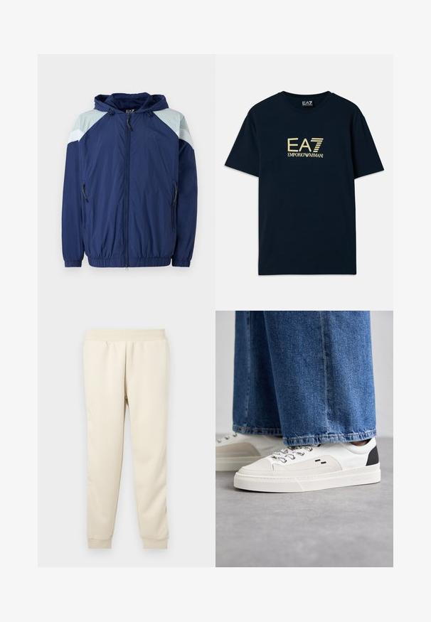 Marineblå vindjakke med lyseblå detaljer, elastiske manchetter, justerbar hætte og lynlåslommer; har et struktureret, let materiale.; Marineblå bomulds T-shirt med et guld logo print "EA7 EMPORIO ARMANI" på brystet, korte ærmer og rund halsudskæring.; Lys beige sweatpants lavet af blødt materiale med en tætsiddende design, elastisk talje og manchetter ved anklerne. Ingen synlige mønstre eller accenter.; Hvide og sorte sneakers med en glat læderoverdel, teksturerede detaljer og en kraftig hvid sål. Har et klassisk snørebåndsdesign.